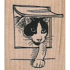 VLVS Cat Entering Cat Door Rubber Stamp 2 x 2 1/4", Cat Stamp, Cute Cat Stamp, Kitty