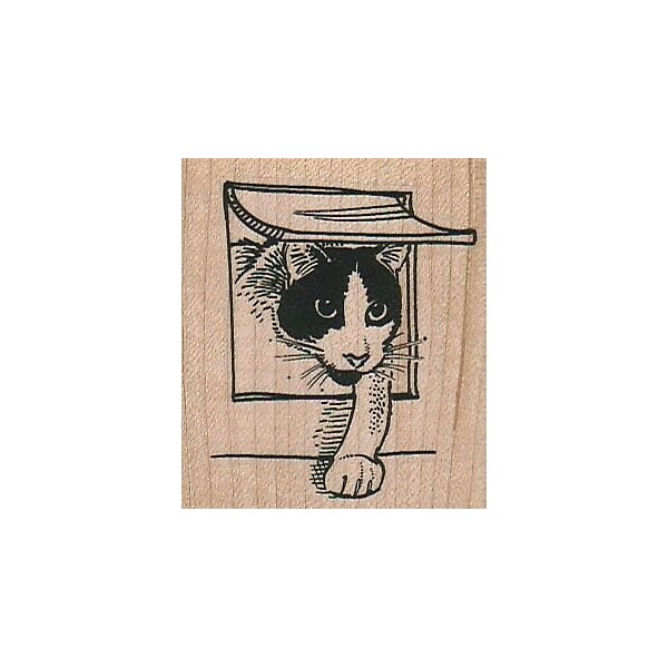 VLVS Cat Entering Cat Door Rubber Stamp 2 x 2