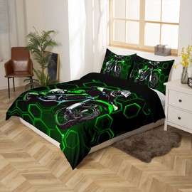 Loussiesd Green Honeycomb Dirt Bike Duvet Cover Set Single Size For Kids Boys Teens Men Extreme Sports Bedding Set Hexagonal Geometric Comforter Cover with 1 Pillowcase Motorbike Beds Set