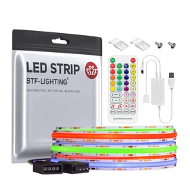 BTF-LIGHTING FCOB COB RGB LED Tape Light High Density Flexible 2M 576LEDs/m 1152LEDs/2m 4PIN RGB 8mm Width Strip Light DC5V Bluetooth Music Sync APP Control IR Remote with USB Controller Dimmable