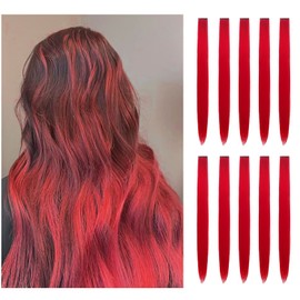 Hair Extension Clips 10pcs in Pure Red 20 Inch Straight Hair Synthetic Fiber Hairpieces for Party