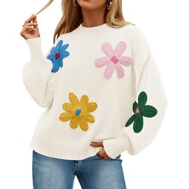 ZESICA Women's Long Puff Sleeve Sweaters Casual Crewneck Ribbed Knit Flower Color Block Loose Pullover Tops,Ivory,Large