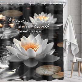 AMBZEK Lotus Bible Verse Shower Curtain 60Wx72L Inch Black Gold White Flower Spa Zen Spiritual Golden Floral Wildflower Artwork Cloth Fabric Waterproof Polyester Bathroom Decor Set with 12 Pack Hooks