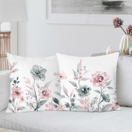 Bonhause Watercolor Floral Throw Pillow Covers 18 x 18 Inch Grey Pink Flowers Abstract Modern Decorative Pillow Cases for Couch Sofa Bed Home Garden Patio Decor Set of 2