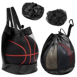 Pack of 2 Backpack, Portable Ball Net, 1 Ball, Ball Net Backpack, Adjustable Shoulder Strap, Ball Bag, Portable Basketball Net Bag with Drawstring, Bag Football Net for Swimming, Fitness, Travel
