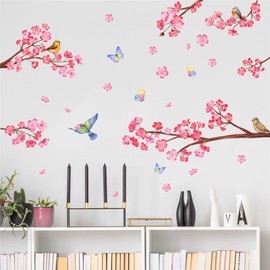 WOHAHA Wall Sticker, Stylish, Tree Branches, Pink Flowers, Birds, Butterflies, Stylish, Wall Sticker, Removable Wallpaper, Entryway, Cafe, Bedroom, Wall Decor, Wall Decor, Living Room Home Decor,