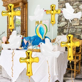 Hungdao 12 Pcs 34 Inch First Communion Decorations Baptism Cross Balloons White Doves Balloons for Holy Communion God Bless Christening Memorial Theme Birthday Easter Party Decorations(Gold)