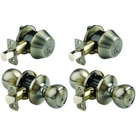 Brinks 2106-109 Ball Style Keyed Alike Entry Knob and Deadbolt (Pack of 2 with 2 Knobs, 2 Deadbolts), Antique Brass