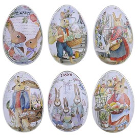 zalati Easter Bunny Tin Box, 6 Pieces Egg Shaped Candy Gift Tins Metal Jewelry Coins Storage
