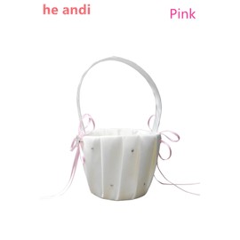 he andi Wedding Flower Girl Basket with Double Heart Rhinestone Decor (Pink)