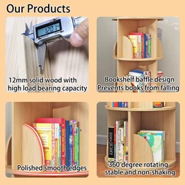 Feuusec Solid Wood Rotating Bookshelf Tower, 5 Tier 360° Display Stackable Spinning Bookshelf for Kids & Adults, Corner Bookshelf for Small Space, Narrow Book Shelf Organizer