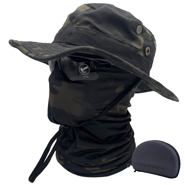 Fishing Hat Boonie Hat Camo Balaclava Neck Glasses Set for