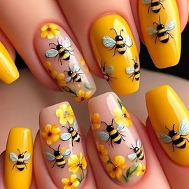Press on Nails French,3D Embossed Bumblebee Flower Fake Nails, Artificial Nails for Women and Girls -24 pcs