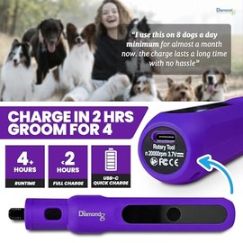Diamondg Cordless Micro Dog Nail Grinder with Quiet Sound & LED Tip for Large & Small Dogs, 4hrs. Runtime - Electric Dog Nail Trimmer, Heavy Duty Rota
