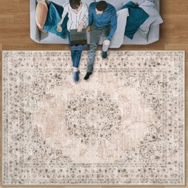 Area Rug 8x10 Vintage Rug: Large Washable Indoor Medallion Rug Low Pile Distressed Floor Carpet Retro Accent Rug for Living Room Bedroom Kitchen Dining Table Home Office(Distressed Brown, 8'x10')