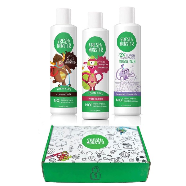 Fresh Monster Kids & Baby Gift Set, Natural, Toxin-Free Shampoo & Conditioner, Body Wash, and Bubble Bath (3 Piece Set, 8.5oz/each)