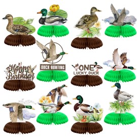 Sonwyoung 12 Pcs Mallard Duck Party Decorations One Lucky Duck Birthday Decorations Duck Hunting Baby Shower Decorations Mallard Duck Honeycomb Centerpieces for 1st Birthday Party