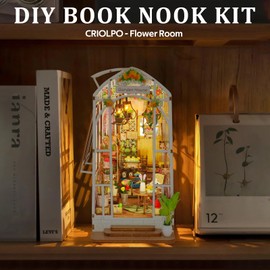 CRIOLPO Book Nook Kit DIY Dollhouse Wooden House, Book Corner Miniature Kit for Adults Teens, 3D Wooden Puzzle Bookcase Insert with Sensor LED Light