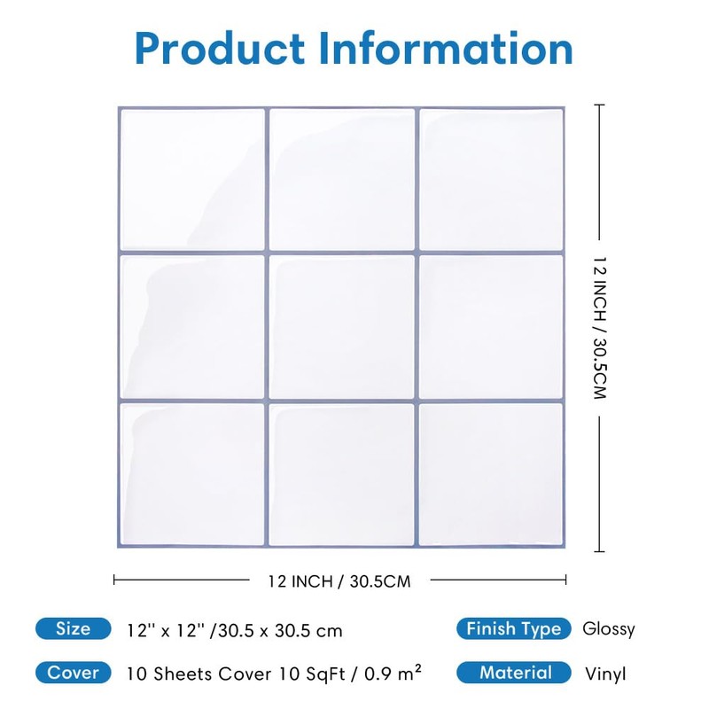 COMSTICKC Thicker White Peel and Stick Backsplash Tile, 10 Pcs