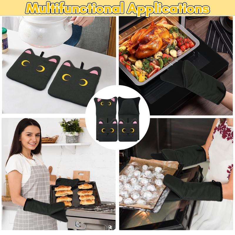 LSYDCARM Oven Mitts, Cute Black Cat Silicone Oven Mitts and