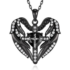 OSSZ Angel Wings Heart Pendant Necklace - Gothic 925 Sterling Silver Women's Jewelry Cross Birthstone Christmas Valentine's Day Mother's Day Anniversary Birthday Jewelry Gift for Wife or her