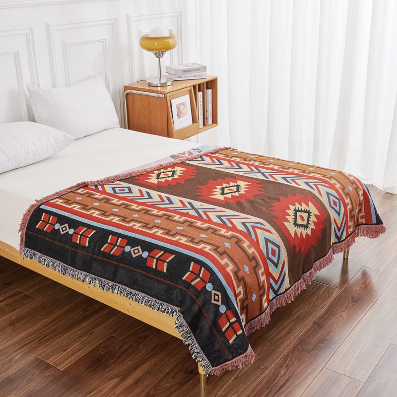 LHGOGO Bohemian Patterned Woven Sofa Throw Blanket with Tassels, Double-sided