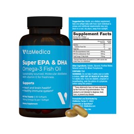 VitaMedica Aceite de pescado de alta potencia con super EPADHA, 750 mg de ácidos grasos omega-3 esenciales  EPA y DHA  Salud cardíaca, cerebral y del 