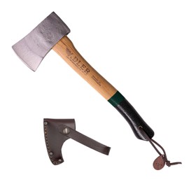 Adler Yankee Camping Hatchet with Leather Sheath - German Forged, 15" Hickory Handle, Compact All-Purpose Hatchet for Camping, Hiking, Bushcraft, Preparing Kindling (Green Stripe)