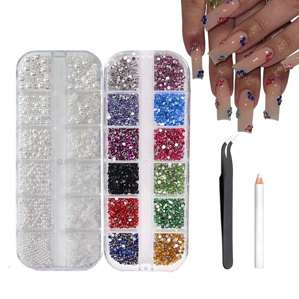 FabbyGlow 24-Fach Colourful Nail Design Rhinestone Set (Colourful + Pearls