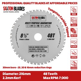 TCT21648TMPT Saxton TCT Multi Purpose Innovation Circular Saw Blade 216mm x 48T Wood and Metal fits Bosch Dewalt Ryobi Makita etc
