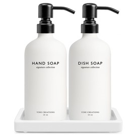 Vine Creations Glass Soap Dispenser Set, Kitchen Soap Dispenser Set with Ceramic Tray, 16 oz Dish Soap and Hand Soap Dispenser Set with Stainless Steel Pump Decor (White Bottle/Matte Black)