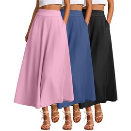 Ficerd 3 Pack Women's Maxi Long Skirts with Pockets, A Line Ankle Length High Waisted Flowy Soft Cotton Summer Casual Skirts(Peach Pink, Denim Blue, Black,Medium)