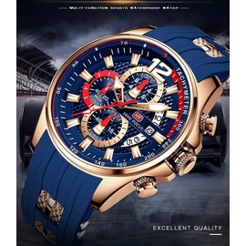 Watches for Men Blue Sport Military Waterproof Chronograph Luminous Date Analog Quartz Watch Genuine Silicon Strap Fashion Business Wrist Watches Clock