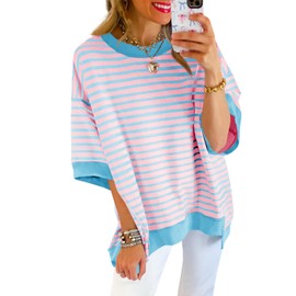Tankaneo Womens Oversized T Shirts Striped Color Block Cotton Tops Fall Fashion Half Sleeve Loose Fit Crewneck Sweatshirts Pink