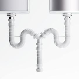 Mucol 1 1/2" or 1 1/4" Double Bowl Sink Drain, Expandable & Flexible All-in-One Solution for Kitchen Sink Drain Kit, Double Sink Drain and Plumbing Kit,Low Profile P Trap with Easy Installation