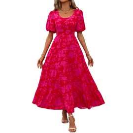 PRETTYGARDEN Womens Dresses 2025 Casual Summer Dress with Sleeves Smocked Top Floral Flowy Tiered Maxi Dress (Red Big Flower, Large)