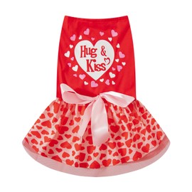Dog Valentines Dress Holiday Hug Kiss Clothes Heart Print Tulle Doggie Dresses (X-Large)