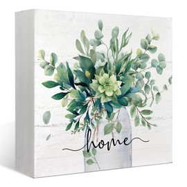 FLVGE Sage Green Eucalyptus Leaves Wooden Box Sign Decor, Home Sign Shelf Decor, Rustic Spring Botanical Wooden Block Sign Decor for Home Farmhouse Shelf Tiered Tray Decor 5x5