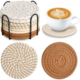 8Pcs Posavasos para Mesa,Portavasos de Silicona Antideslizantes con Soporte,Coasters for Drinks,Posavasos para Bebidas,Portavasos para Bar,Restaurante,Hogar (Tejido Color café)