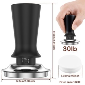 Espresso Tamper 53mm Spring Loaded Tamper with 200 Pcs Filters Paper, Anti-Stick Self-Leveling, Refined Handle, Stainless Steel Flat Base for Coffee Grounds Barista Espresso Machines Accessory