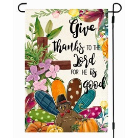 RABUSOFA Give Thanks Fall Thanksgiving Garden Flag 12x18 Inch Double Sided Outside, Turkey Cross Floral Pumpkin Yard Outdoor Decorative Flag Small