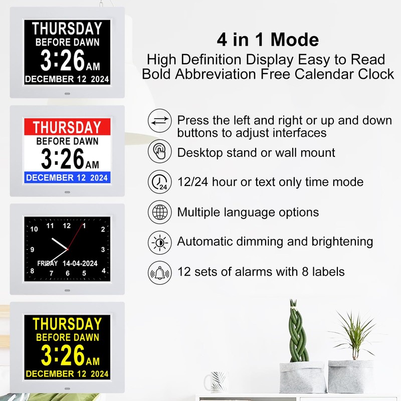 Johnziny 8 Inch Digital Day Calendar Clock, Dementia Clock for