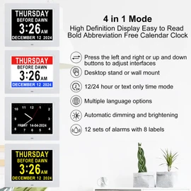 Johnziny 8 Inch Digital Day Calendar Clock, Dementia Clock for Seniors,Large Display Digital Clock with Date and Day for Elderly,12 Alarm Options and 8 Labels, with Auto-Dimming, Play Video (White)
