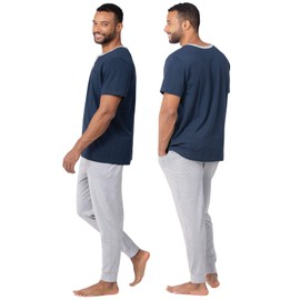 PajamaGram Mens Lightweight Jogger Pants Pajama Set - 100% Cotton PJ Sets for Men, Casual Joggers for Men with Pockets Sets - Gray Jogger Pants for Men, Navy Blue Short Sleeve Henley Top, XL