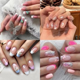 Yabonica 96pcs Short Press On Nails Kit - French Rhinestone Glitter Hand-Painted Designs, 12 Sizes 4 Styles, Breathable Fake Nails for Small & Square Nails, Gift for Holidays(Kit 4)