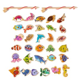 DHWEKU Fishing Toy, 31 Pieces Magnetic Fishing Game, with Two Fishing, Wooden Toy, Educational Toy, Gift for Children, Fishing Gift for Girls and Boys