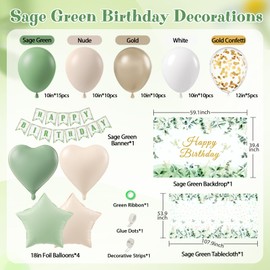 Sage Green Birthday Decorations with Gold Nude Sage Green Foil Balloons Happy Birthday Banner Sage Green Tablecloth Backdrop for Happy Birthday Decorations for Women Adults