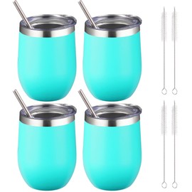 FristChoice 12 oz Insulated Wine Tumbler with Lid and Straw,Stainless Steel Stemless Wine Tumbler Glasses Double Wall Vacuum Wine Cups Tumbler Bulk for Coffee,Champaign,Office(Mint Green,4)