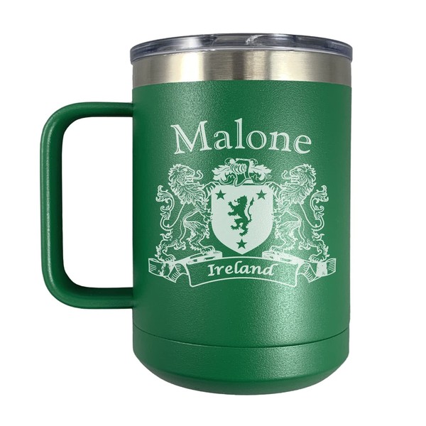Malone Irish Coat of Arms Stainless Steel Green Travel Mug