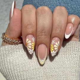 24Pcs Press On Nails Medium Almond Fake Nails Yellow Flower False Nails French Tip False Nails With Bow Floral Designs Acrylic Spring Nails Press Ons Full Cover Stick On Nails For Women